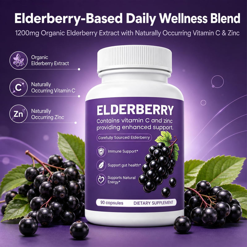 Elvera Elderberry Gut Support with 1200mg Elderberry Extract, Vitamin C and Zinc | Daily Immune & Digestive Balance for Everyday Wellness & Healthy Metabolism 90 Capsules