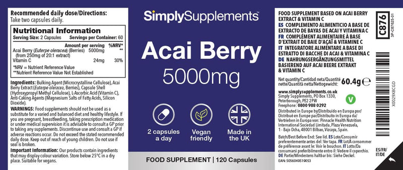 Acai Berry 5000mg Capsules | with Vitamin C | Supports Immune System & Collagen Formation | Freeze-Dried Extract | Vegan Friendly | 240 Capsules = 4-Month Supply | UK Made Unflavoured 1 count (Pack of 240)