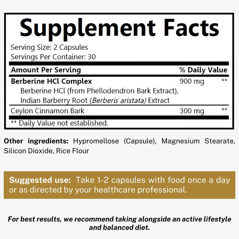 [Australia] - Berberine 1200mg HCL Plus Ceylon Cinnamon Capsules - Metabolic & Immune Support Berberine Supplement, AMPK Metabolic Activator Complex, Cardiovascular Support - Berberine HCL 1200 mg Capsules 60 Capsules (1 Pack) 