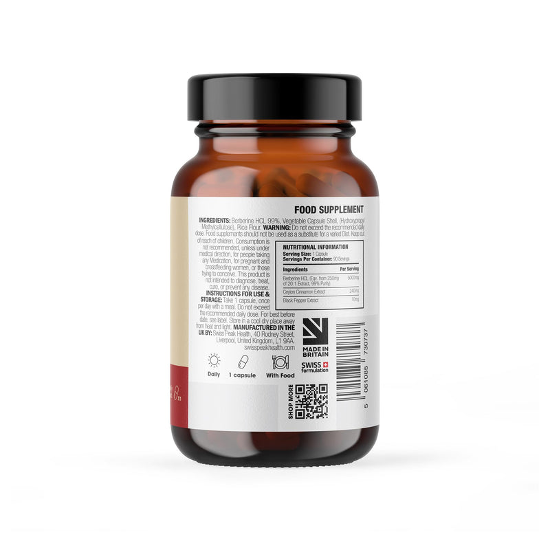 Swiss Peak Berberine 5250mg Per Serving, High Strength 99% HCL, Enhanced with Ceylon Cinnamon & Black Pepper Extract, 90 Vegan Capsules, 3 Month Supply, UK Made, Non-GMO, Gluten Free