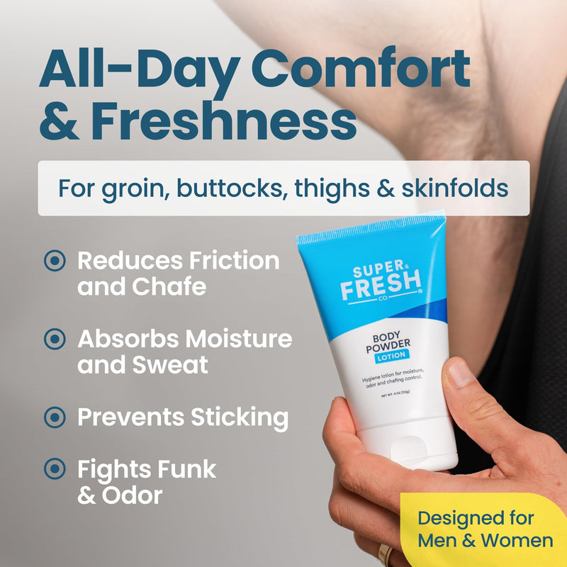 Super Fresh Body Powder Lotion, Talc Free Anti-Chafing, No Mess, 4oz 2-Pack | Talc Free Anti Chafing Deodorizing No Mess Body Powder Cream, Men and Women Natural, Sweat and Odor Protection 4 fl oz 2-Pack 4 Fl Oz (Pack of 2)