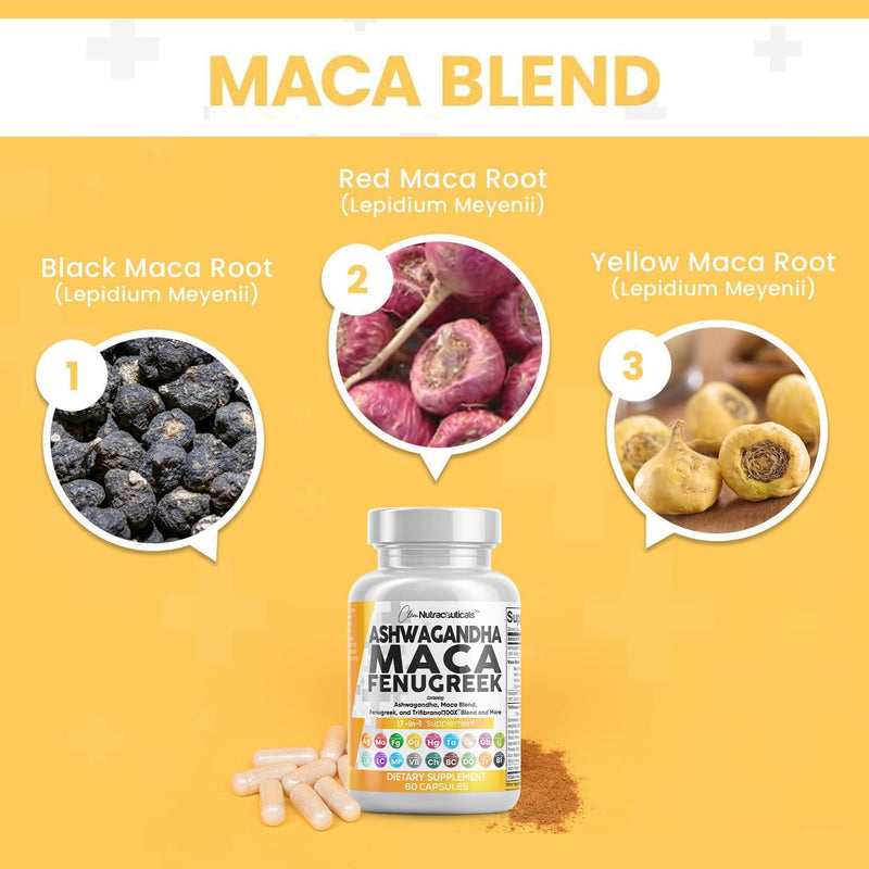 [Australia] - Ashwagandha 5000mg Maca Root 2000mg Fenugreek 3000mg Supplement with Tongkat Ali Ginseng - Assists with Stress, Mood & Thyroid Health - Ashwagandha Capsules Maca Pills Fenugreek Caps - 60 Count 
