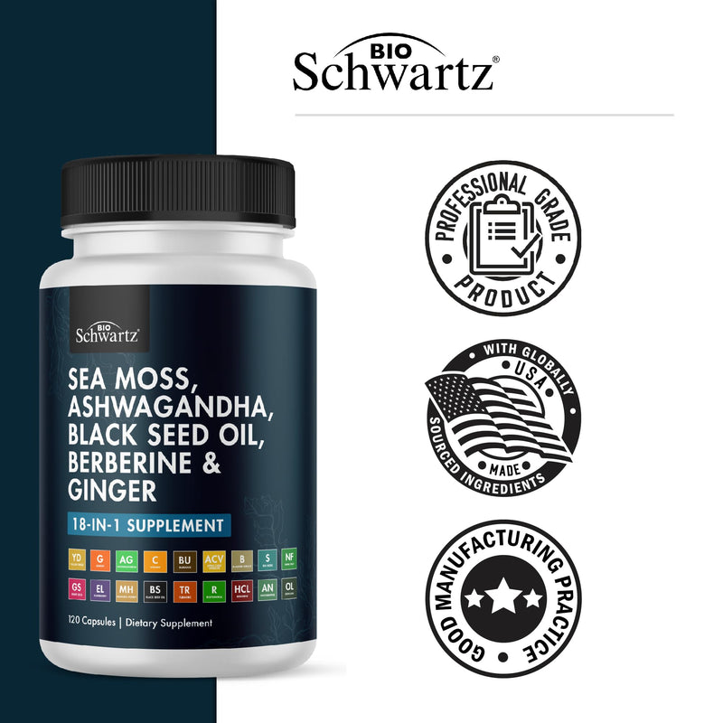 [Australia] - BioSchwartz Sea Moss Black Seed Oil Ashwagandha Ginger Supplement with Turmeric Berberine HCI Burdock Bladderwrack Resveratrol Elderberry Manuka Honey Apple Cider Vinegar ACV - 120 Sea Moss Capsules 120 Count (Pack of 1) 