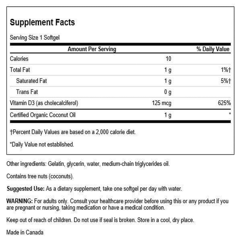 Swanson High Potency Vitamin D-3 w/Coconut (60 Softgels, 2 Pack) | Natural Supplement Promoting Bone Health and Immune System Support, May Help Increase Calcium Absorption, 125mcg Each 60 Count (Pack of 2)