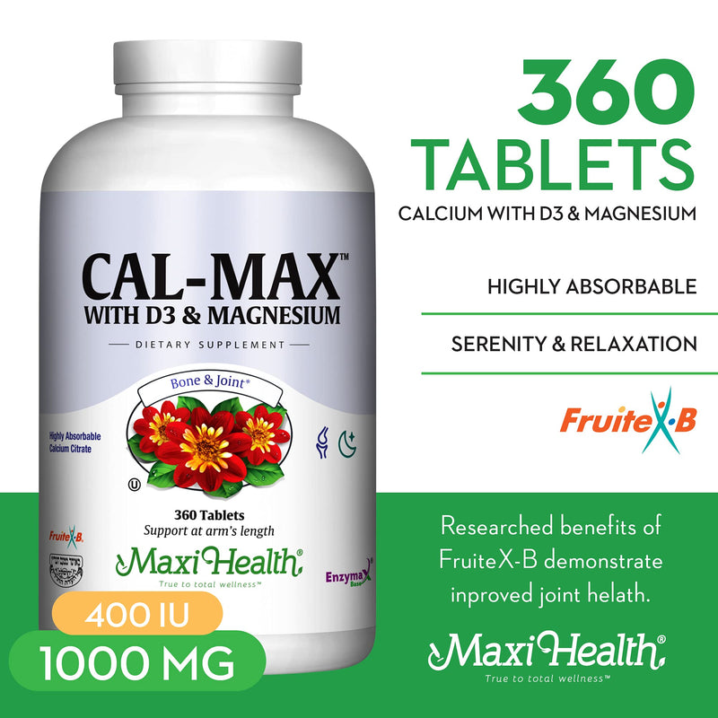 Maxi Health Calcium Magnesium Supplement with Vitamin D3 and Boron - Kosher Bone Health & Nighttime Formula, Calcium Citrate CalMag & Vitamin D (180 Tablets) (360 Count (Pack of 1)) | Kosher | Calcium Magnesium with Vitamin D3 | Calcium Absorption, Bon...