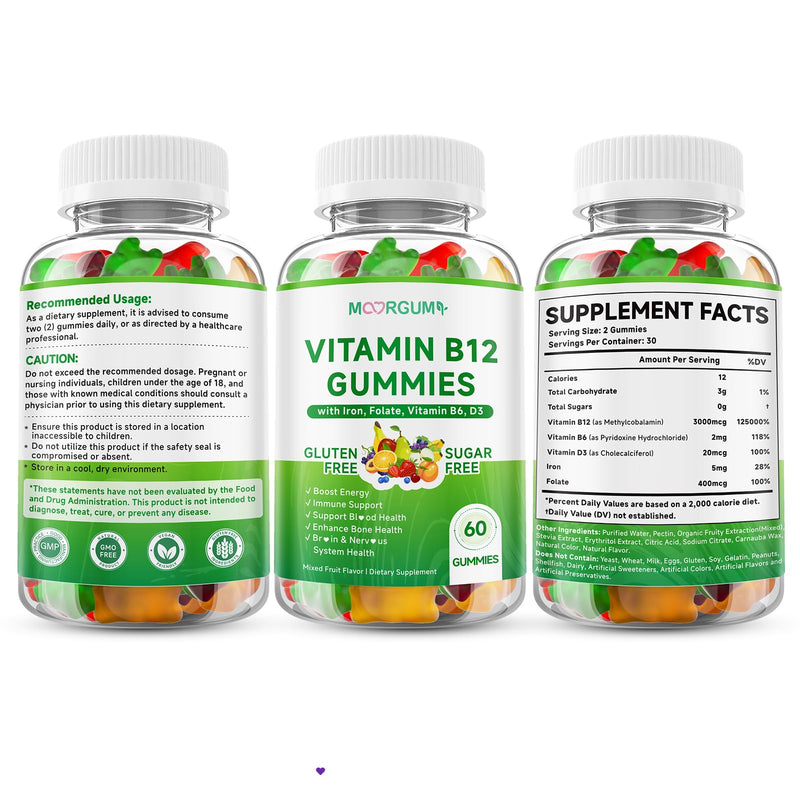 2 Pack Methyl B-12 3000mcg Gummies for Kids & Adults, Vitamin B12 (Methylcobalamin) with Vitamin B6, Folate & D3, Supports Energy, Metabolism & Immune Wellness, 120 Count