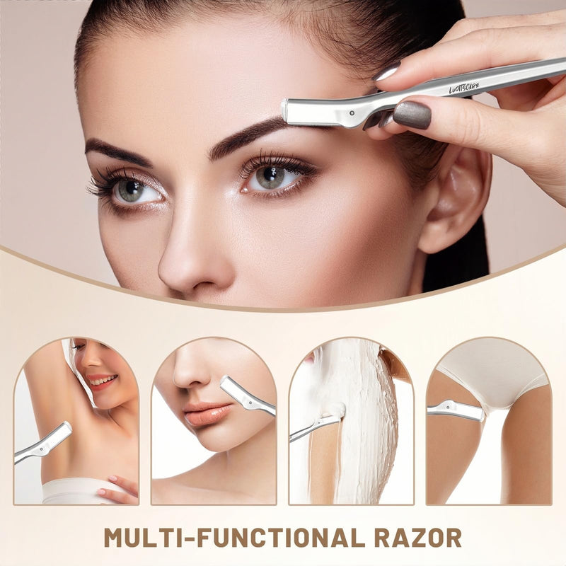 [Australia] - Stainless Steel Eyebrow Razor - Face Razors with Travel Cover & 10 Refill Blades, Eyebrow Brush - Help Exfoliate and Smooth Skin for Eyebrow, Leg, BIKINI, Facial, Beard Remove - S 