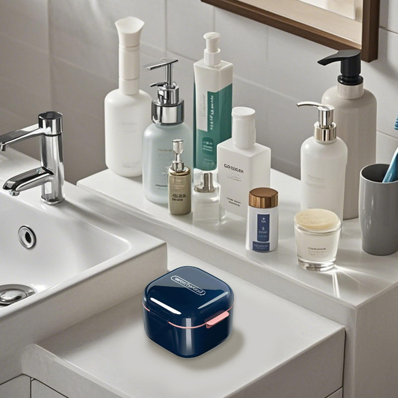 [Australia] - Fsahiuf Denture Box with Strainer, Denture Box Denture Box Retainer Container, Device Used as Storage and Washing for Portable Dentures, Dentures (Blue) Blue 