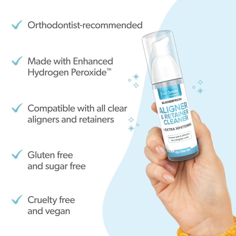 EverSmile AlignerFresh Extra Whitening Foam – Cleaner Compatible w/Invisalign and All Clear Aligners and Retainers – Eliminates Bacteria, Whitens Teeth, Fights Bad Breath – 50ml (1 Pack) Extra Whitening Fresh Mint 50ml 1-pack
