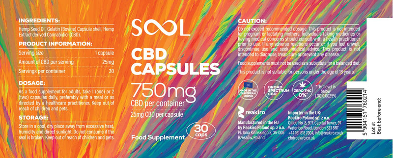 SOOL CBD Capsules 750mg 30pcs | 25mg CBD Per Gel Soft Capsule | Broad Spectrum CBD Oil Capsules | Blended with Hemp Oil | Relax - Recover - Revive 30 count (Pack of 1)
