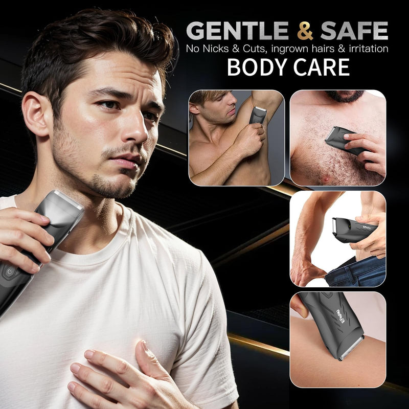 [Australia] - 2-in 1 Body Hair Trimmers for Men, Pubic Groin Hair Trimmer for Men with Dual-Head Trimmer & Foil Blade, Electric Ball Trimmer Razors w/Light, Charging Dock, Waterproof Body Groomer Shaver Kit 2 in 1 Black 