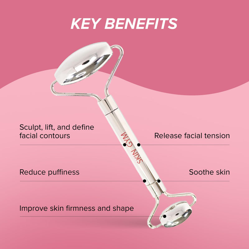 Skin Gym Face Roller for Wrinkles and Lifting - Anti-Aging Face Massager Skin Care Beauty Tool - Boost Radiance, Rejuvenate Skin, Sculpt, Lift and Define, Silver