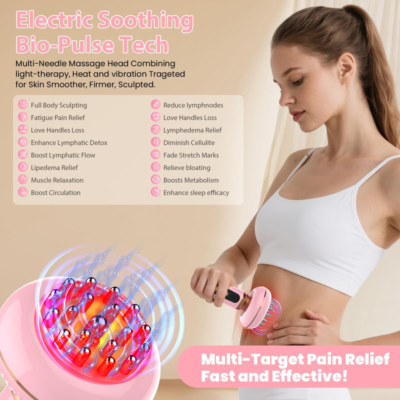 Handheld Body Massager for Lymphatic Drainage Lymphedema Lipedema | 4-in-1 Red Light Heat Vibration, Reduce Cellulite Stretch Marks, Relieve Sciatica Pain Device Pink