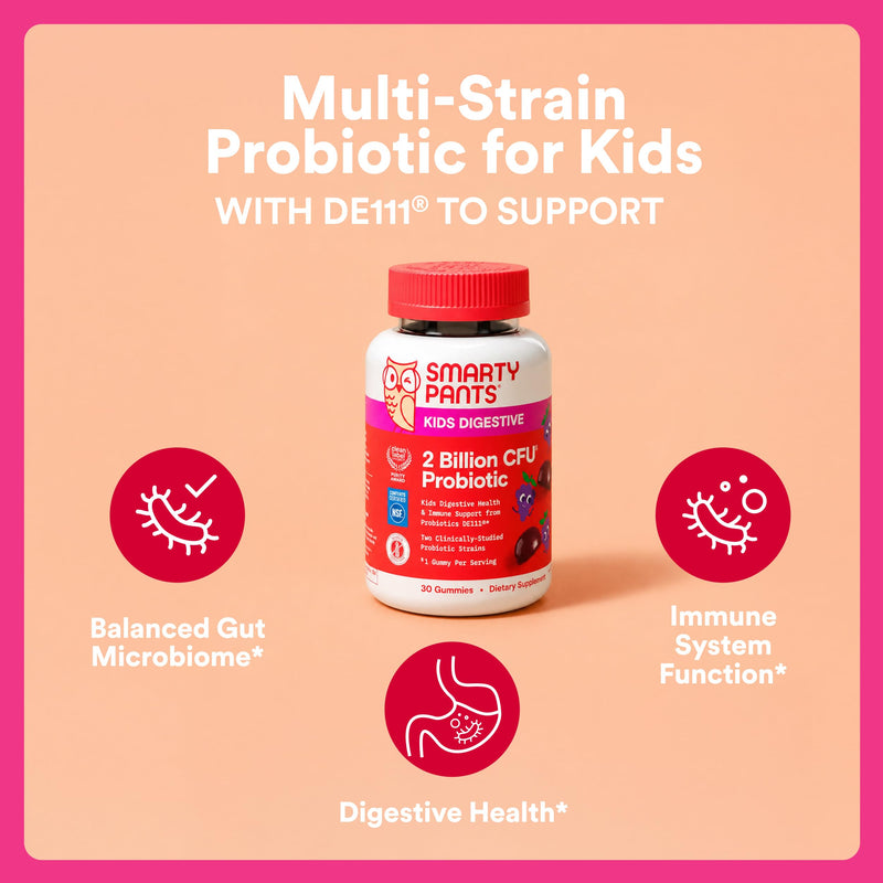 SmartyPants Kids Probiotic Gummies for Digestive Health: 2 Billion CFU Gut Health and Immune Support Supplement, Clinically Studied Probiotic, Gluten Free, Grape, 30 Count (30 Day Supply) 1 Count (Pack of 1) Grape Probiotic