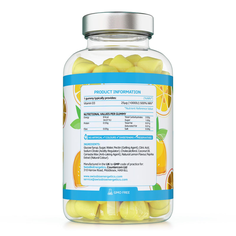 Vitamin D3 Gummies 25µg 1000IU - 150 Natural Lemon Flavour Chewable Yummy Gummies - 5 Month Supply - Made in The UK 150 Gummies
