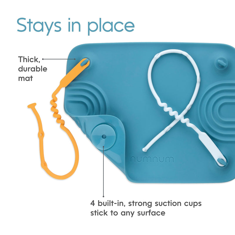 [Australia] - NumNum Silicone Placemat w/Pincer Grasp Grooves for Toddlers, Baby, & Kids - 4 Attachable Tethers & Built-in Suction Cups - Easy to Clean - Non-Slip for High Top & Dining Table w/Travel Bag - Blue 