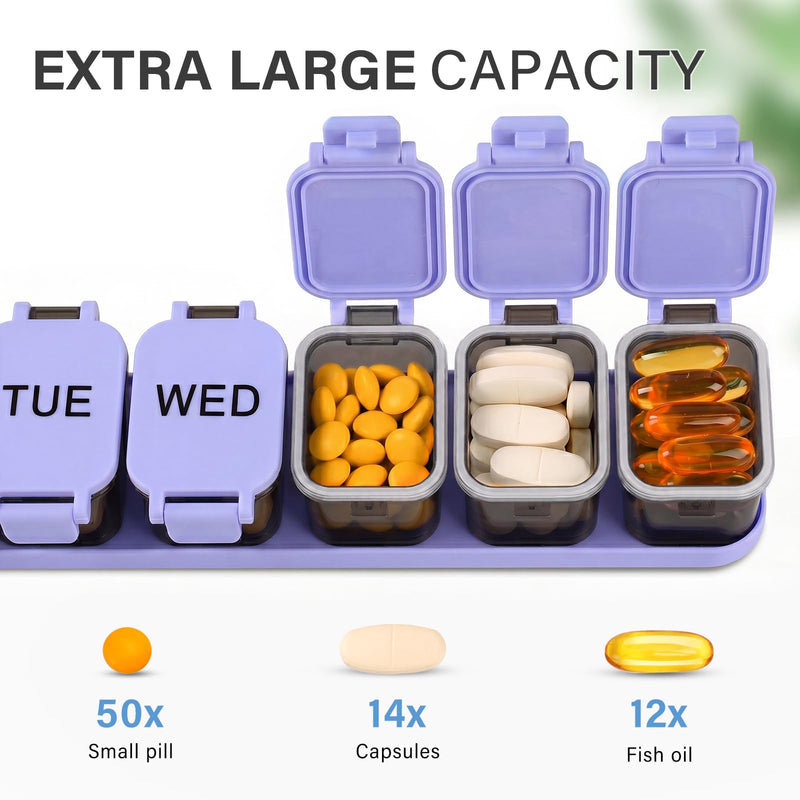 Yaklim Extra Large Weekly Pill Organizer, Detachable 1 Time a Day Pill Box | XXL 7 Detachable Compartments / Easy to Open & Fill / Waterproof Seals / For Big Vitamins & Supplements / Easy Readability Blackpurple+black