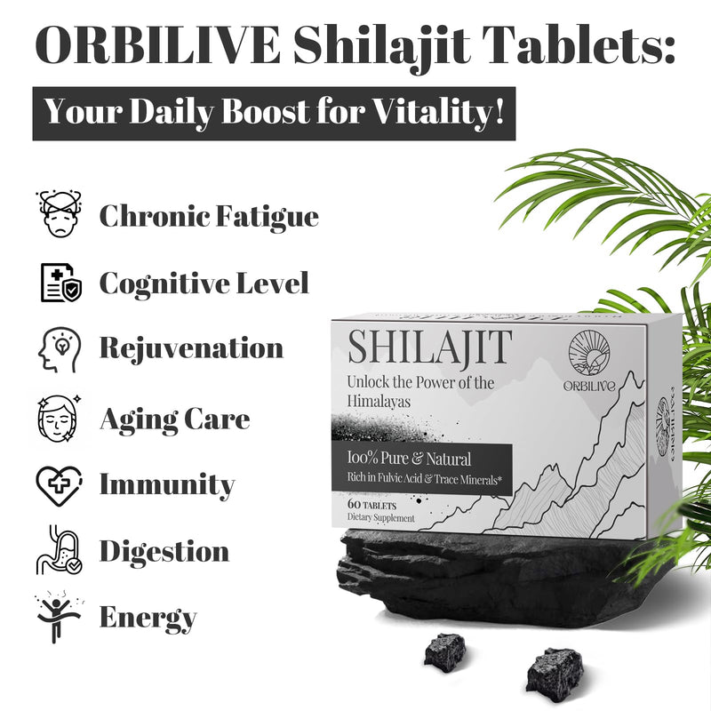 [Australia] - 30,000 MG Shilajit Tablets, 100% Shilajit Pure Himalayan Organic, Shilajit for Men and Women Rich in Fulvic Acid & 85+ Trace Minerals, Shilajit Supplement for Energy & Immune System, 60 Count 60 Count (Pack of 1) 