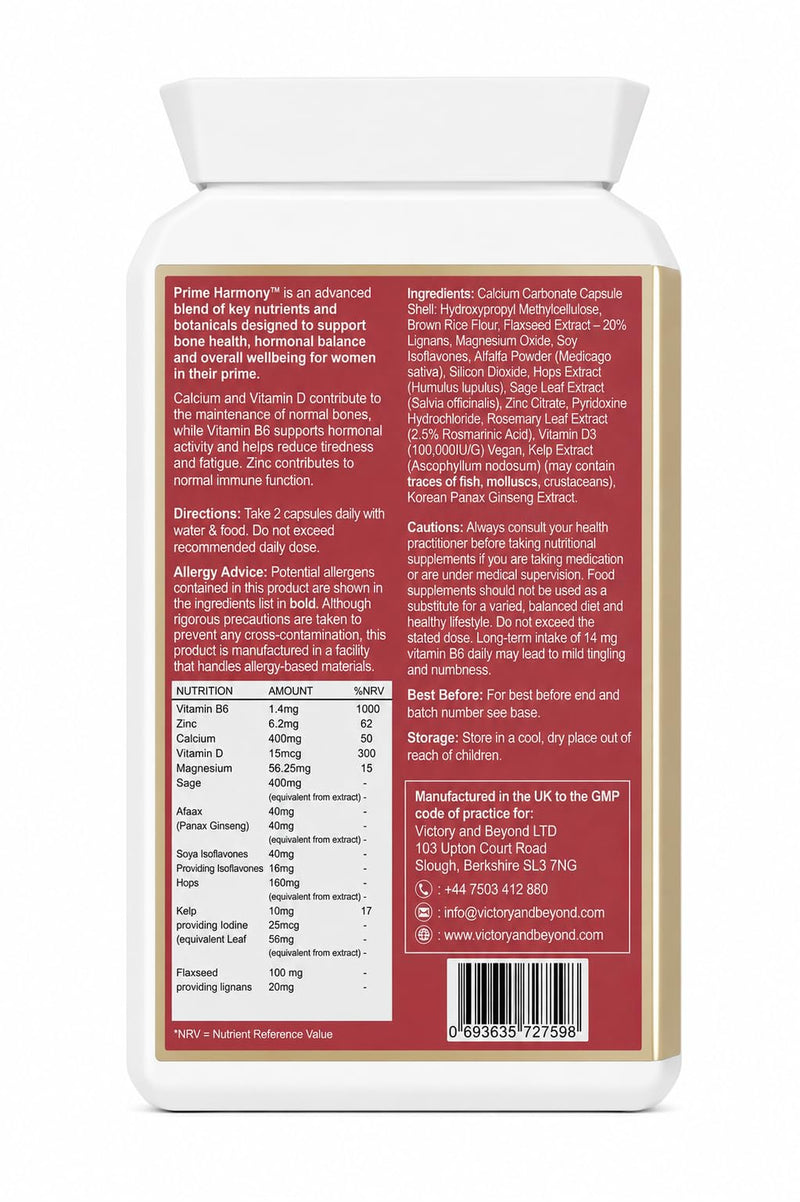 Victory & Beyond Prime Harmony – Bone Health & Women’s Wellness Support -Made in the UK – Calcium, Magnesium, Vitamin D & B6 with Sage & Soya Isoflavones Menopause Wellness Support - 60 Vegan Capsules