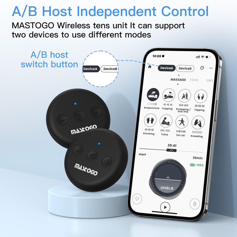 Dual Host Wireless TENS Unit Muscle Stimulator with APP Control | 26 Modes, 25 Intensity Levels, App and Button Controls, 4-in-1 Functionality (TENS, EMS, MAS, FEMALE), Independent Control