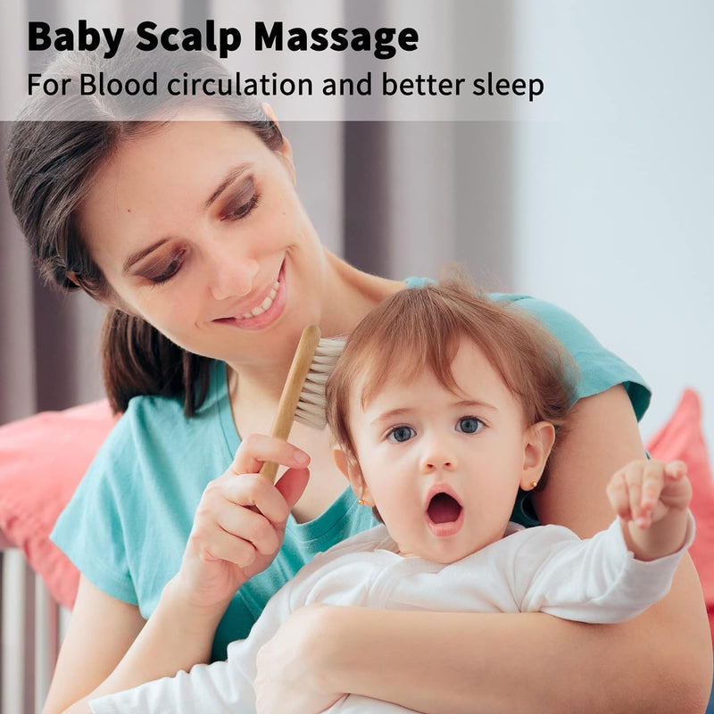 [Australia] - Goat Baby Hair Brush Set, Wooden Comb Massage Scalp Comb, Safe Natural Hair Care Kit, Soft Silicone Bath Brush for Newborns Toddlers (Brush Set+ Green Massager) Group 1 Brush Set+ Green Massager 