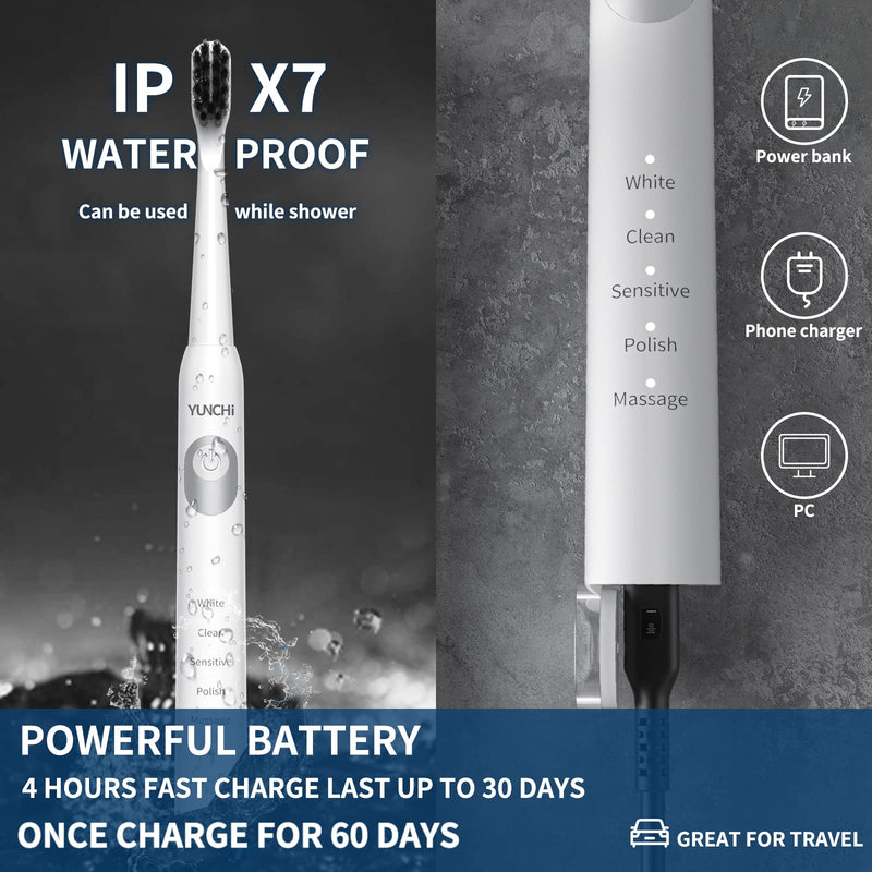 YUNCHI Sonic Electric Toothbrush for Adults & Kids with 8 Charcoal Brush Heads, Y2 Rechargeable Electric Toothbrushes, Deep Clean & Fresh Breath, 5 Modes, Fast Charge, 2 Mins Timer Tooth Brush,White