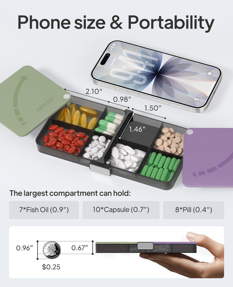Daily Medicine Pill Organizer for Travel - Small Pill Case for Pocket with Rotating Lids, Portable Pill Box with 8 Compartments for Fish Oils, Vitamins and Supplements, Black