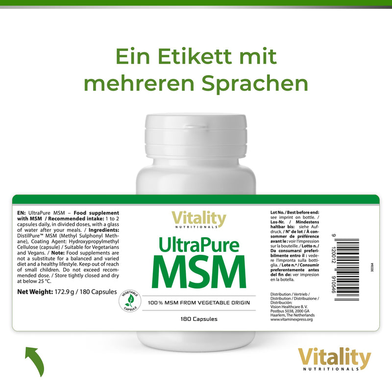[Australia] - MSM high dose, Ultra Pure MSM capsules with 1000 mg methylsulfonylmethane, 180 capsules for 6 months, without unnecessary additives Vitality Nutritionals by VitaminExpress 