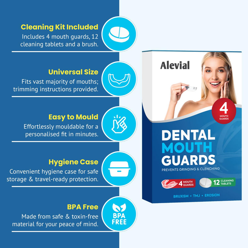 [Australia] - Dental Mouth Guard for Teeth Grinding (4 Pack) and 12 Cleaning Tablets Night Gum Shield for Sleep Treats Clenching Bruxism TMJ Hygiene Case by Alevial 4 Pack + Cleaning Kit 