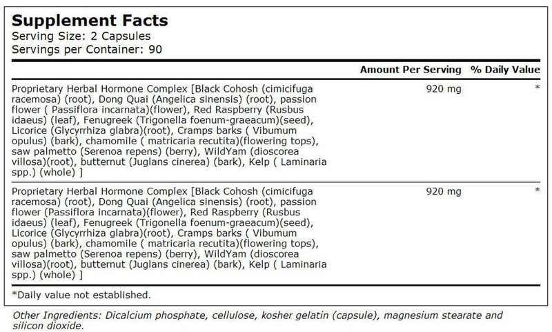 [Australia] - Herbal Hormone Complex to Support Women’s Health During and Following Menopause* With Black Cohosh, Dong Quai Passion Flower, Red Raspberry, Fenugreek, Licorice, Chamomile, Cramp Bark, Saw Palmetto, W 
