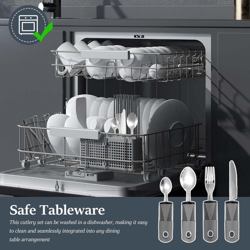 4 Pcs Adaptive Utensil Set Nonslip Easy Grip Cutlery for Adults Include Heavy Stainless Steel Spoon, Fork, Knife, Arthritis Aid Silverware for Elderly and Persons with Shaking Hands