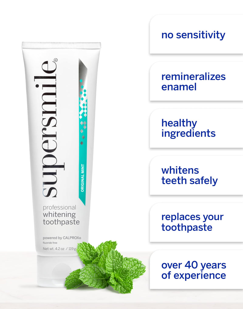 [Australia] - Supersmile Professional Teeth Whitening Toothpaste - Fluoride Free for Visibly Brighter Smile - Whitens up to 6 Shades Original Mint Flouride Free 4.2 Ounce (Pack of 1) 