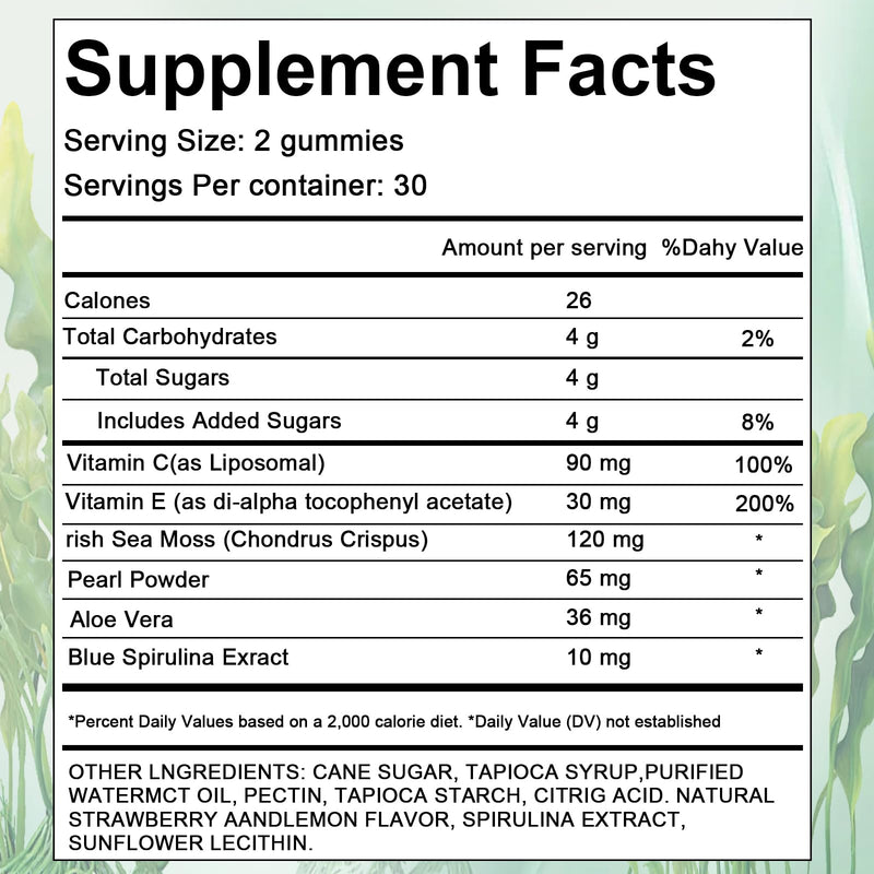 Hair Loss Gummies,Sea Moss Gummies with Vitamin C, Vitamin E, Aloe Vera, Pearl Powder Support Faster Hair Growth,Enhance Nail Elasticity,Promot Radiant Skin,Gluten-Free - 60 Count