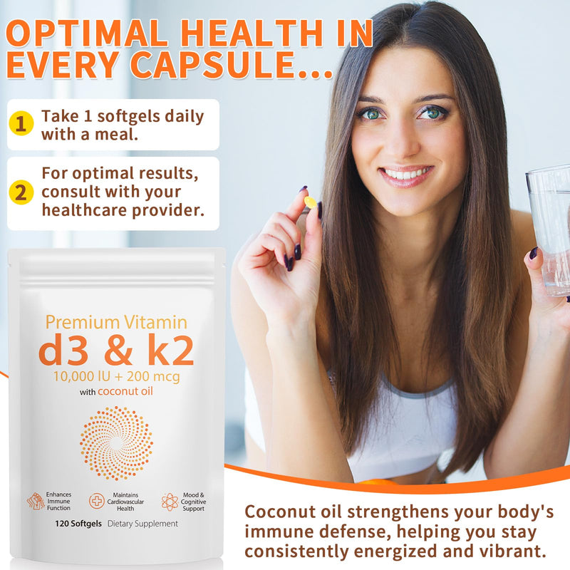 Daiasns Vitamin D3 K2 10000iu Supports Muscle & Brain Health -High-Potency D3 K2 Supplement Helps in Immune and Cardiovascular Support - 120 Softgels 120 Count (Pack of 1)
