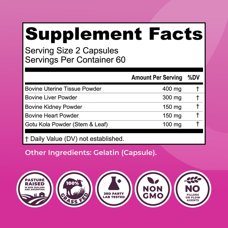 Beef Organ Supplement for Women, 120 Capsules | Beef Liver, Kidney, Heart and Uterus Tissue - Supports Women's Energy & Health - Grass Fed, Pasture Raised, 3rd Party Tested