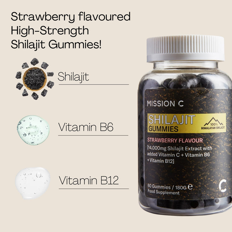 Shilajit Gummies - Pure, Himalayan - 14000 mg per Serving - High Grade - with Added Vitamin C, B6 and B12, Contains 85 Minerals, Immune System & Vitality Booster, Vegan - Lab Tested - Mission C