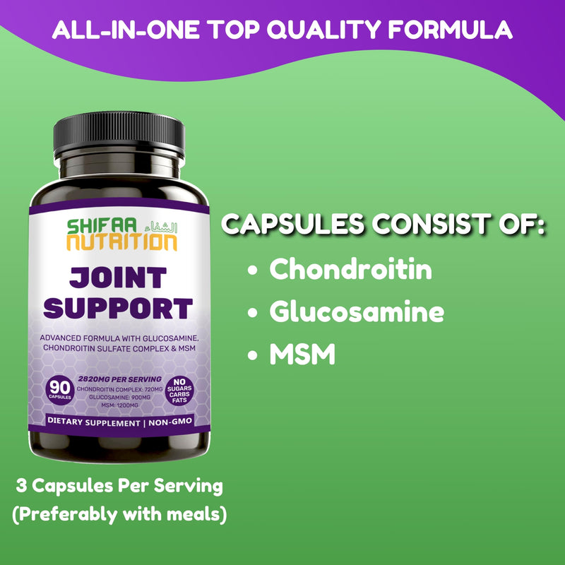 SHIFAA NUTRITION Halal Joint Support Supplement w/Glucosamine Chondroitin MSM | 2820mg 30 Servings | Non-GMO 90 Count (Pack of 1)