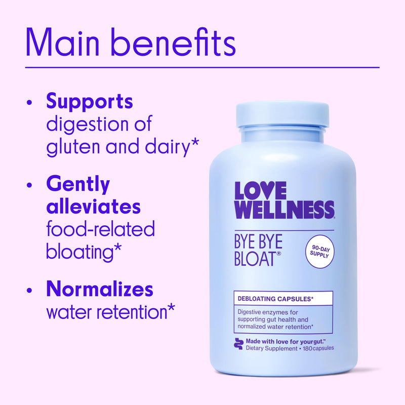Love Wellness Bye Bye Bloat | Digestive Enzymes | 90-Day Supply | Capsules | Digestive enzyme supplement, Contains fenugreek and dandelion , Dietary supplement, Easy to take, 180 capsules