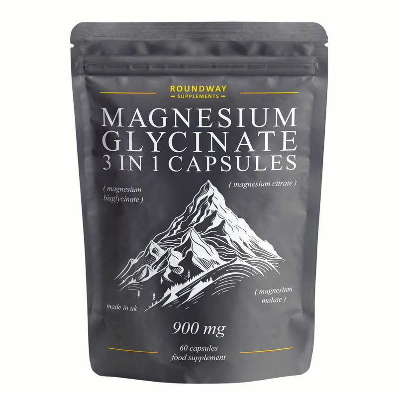 Magnesium Glycinate 3-in-1 Complex 1800mg Supplement with Magnesium Bisglycinate, Citrate & Malate | 60 Capsules, 3 Month Supply | Made in The UK by Roundway Supplements