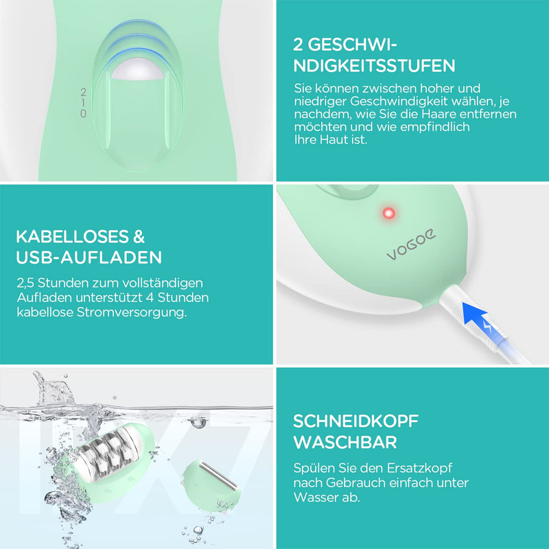 [Australia] - VOGOE Women's Epilator for Hair Removal, Body Epilator 4 in 1 Electric Wireless, 21 Tweezers for Face Legs Arms Bikini, HR310 Green 
