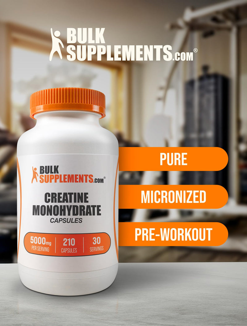 BulkSupplements.com Creatine Monohydrate Capsules - Micronized Creatine Monohydrate, Creatine Pills - 7 Creatine Capsules per Serving, 5000mg, Gluten Free, 210 Capsules (Pack of 1) 210 Count (Pack of 1)