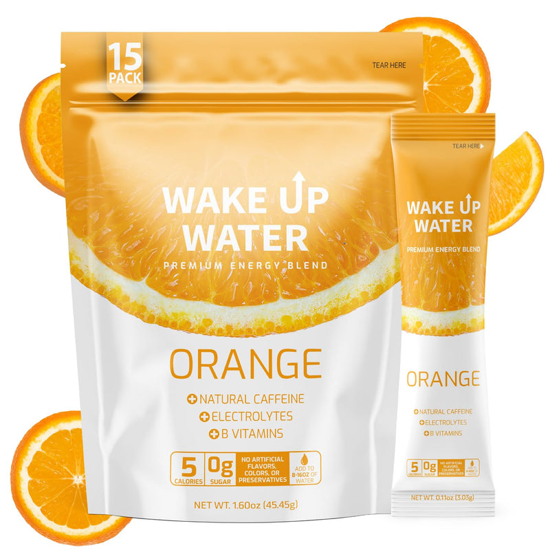 [Australia] - Wake Up Water - Energy + Hydration Packets (15 Pack), Orange Flavor - Electrolytes Powder Drink Mix w/Natural Caffeine, Electrolytes, B Vitamins - 5 Calories, Sugar Free, Gluten Free - .10 oz (2.9g) 