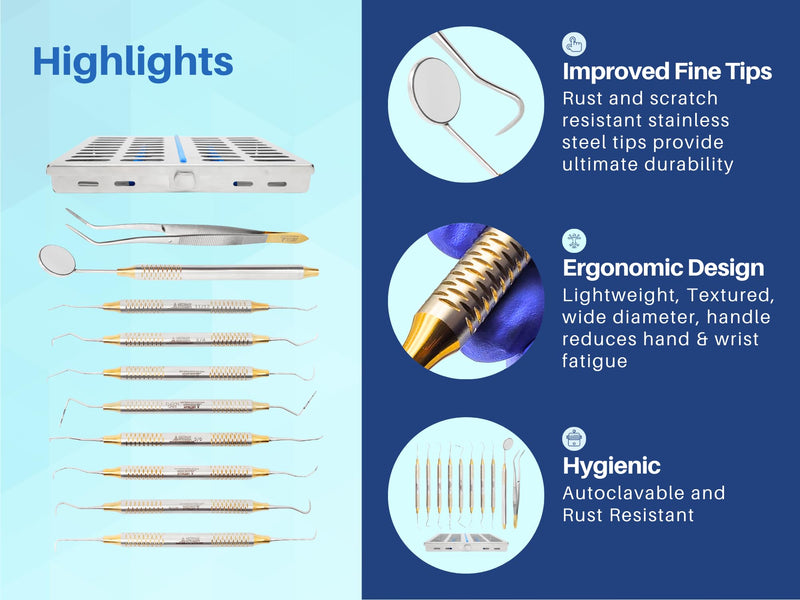 [Australia] - ARTMAN INSTRUMENTS Dental Hygienist Tool Kit (10 PCs) – Includes Mirror, Probe, Tweezer, Scalers, Pocket Probe, Curettes – Prophylaxis Teeth Cleaning Set, Autoclavable, with Sterilization Cassette 