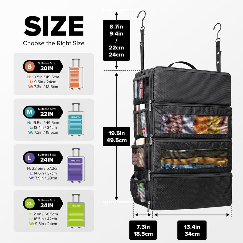 Vokelater Suitcase Organizer - Travel Luggage Organizer with Hanging Shelves & Packing Cubes - Collapsible, Portable, Carry-on, Medium, Black Black-M