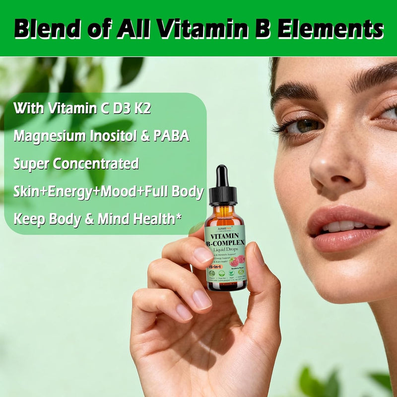 2 Pack Vitamin B Complex Liquid Drops for Women Men & Kids, 15-in-1 VIT B Complex with Vitamin C B12 B6 B1 Niacin Folate Magnesium for Brain Nerve Neuropathy Energy Mood, Sublingual B-Complex Drops Raspberry 1 Fl Oz (Pack of 2)