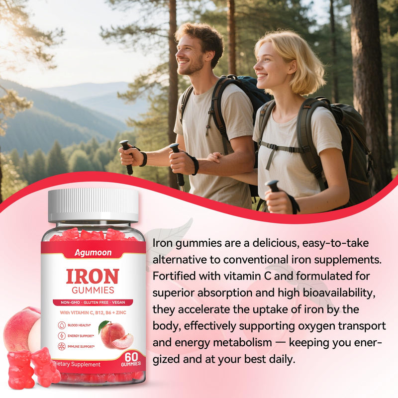 Iron Supplement Gummies for Women & Men - Iron Gummies with Folate Vitamin C B12 B6 Zinc - Health Blood & Energy Support & Immune Support for Adult, Peach Flavor, Vegan 60 Gummies