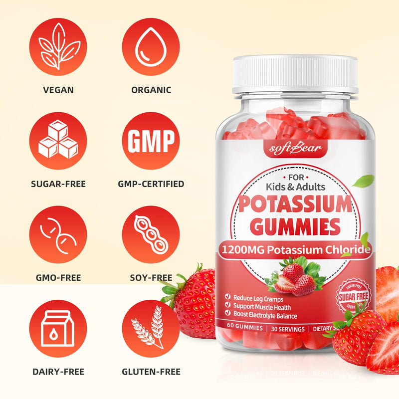 [Australia] - softbear Potassium Gummies for Adults, Sugar Free Potassium Chloride Gummies 1200mg Support Leg Cramps & Electrolyte Balance High Potency Potassium Supplement, Strawberry Flavor 120 Count 60 Count (Pack of 2) 