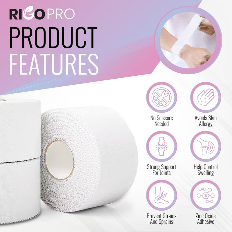 6 Pack White Athletic Tape 1.5 Inches x 15 Yards - 270 ft - Easy Tear, Rigid, No Residue. Sports Medicine - Athletes, Medical, Therapy, Athletic Trainers: Ankles Wrists Fingers, Zinc Oxide Adhesive