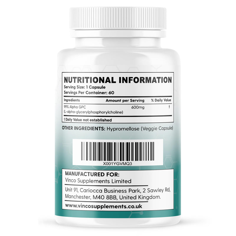 Vinco Alpha GPC 600mg in One Capsule - 60 Capsules = 60 True Servings - Pure Choline Supplement - Nootropic for Brain Support, Focus, Memory, Motivation & Energy - Alpha GPC Rich - Made in The UK