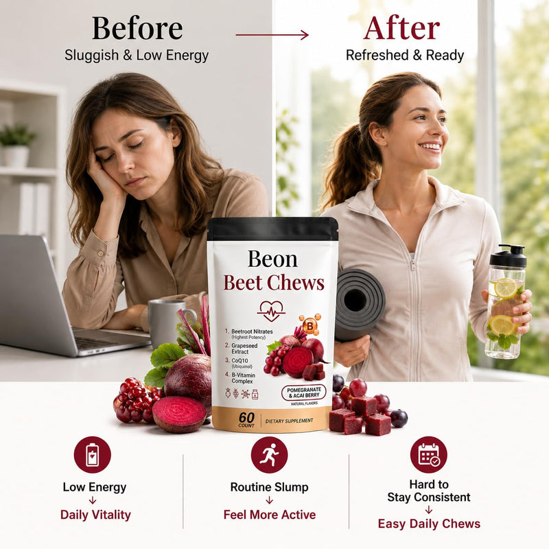 Beon Beet Chews, Beon Beetroot Chews Gummies with Grape Seed & L-CoQ10 for Calm Mood, Free Vegan, 60 Chew